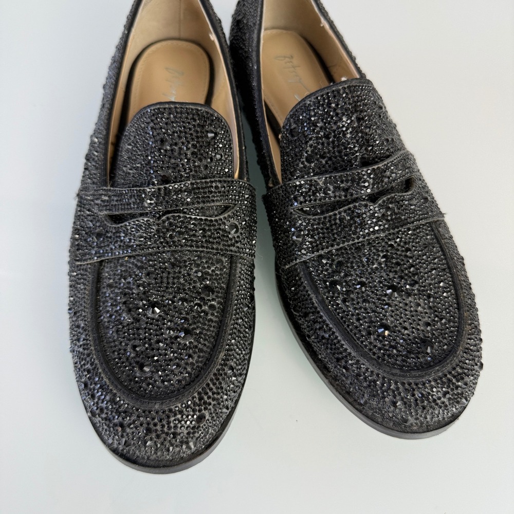 Betsey Johnson Aron Penny Loafers Womens 7.5 Black Rhinestone Embellished - Picture 3 of 12